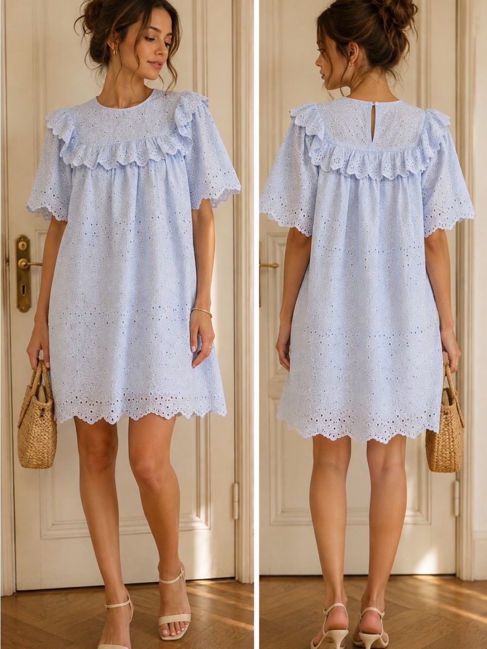 H&M Light Blue Eyelet Ruffle Mini Dress